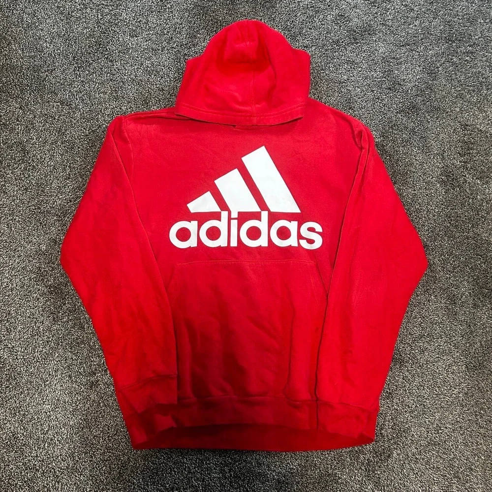 Adidas Hoodie Mens Large Red Excellent Big Logo Pullover Sweatshirt